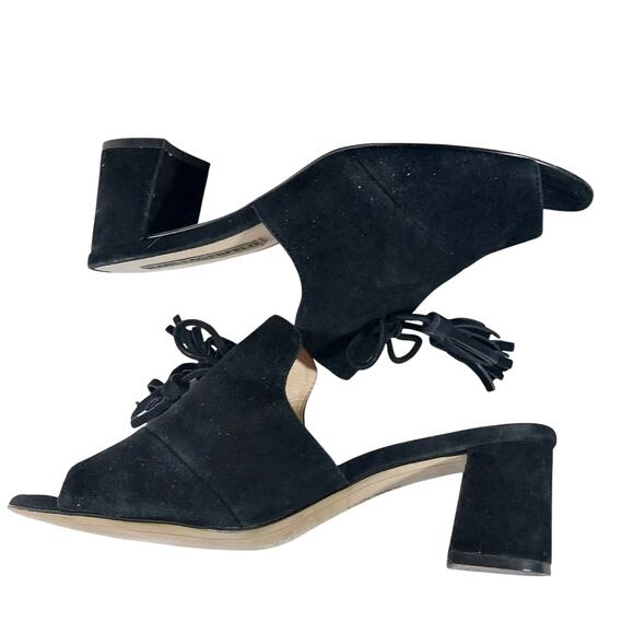KARL LAGERFELD! BLACK GENUINE SUEDE LEATHER BOW & TASSEL PEEP TOE MULES! SZ 8M - Picture 6 of 10